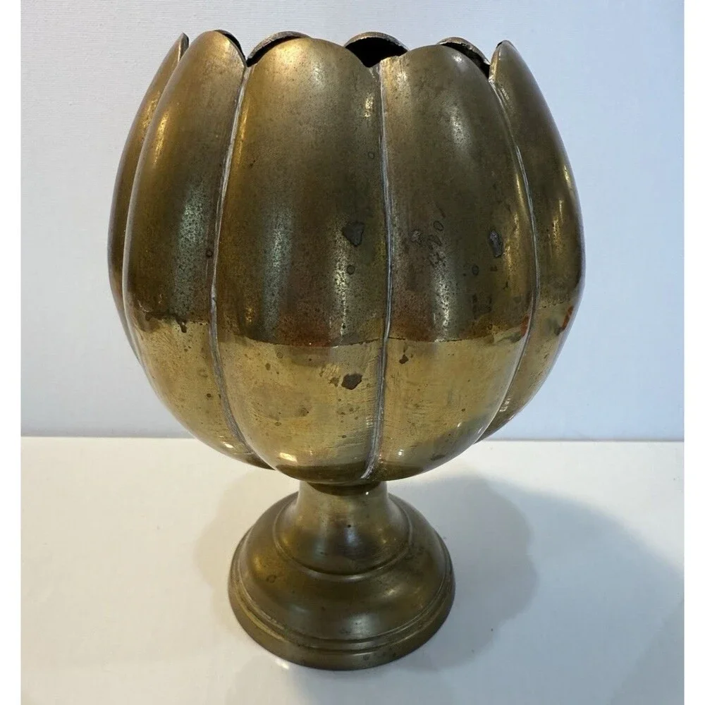 Vintage Brass Lotus Flower Pedestal Vase Scalloped Planter Urn India 7